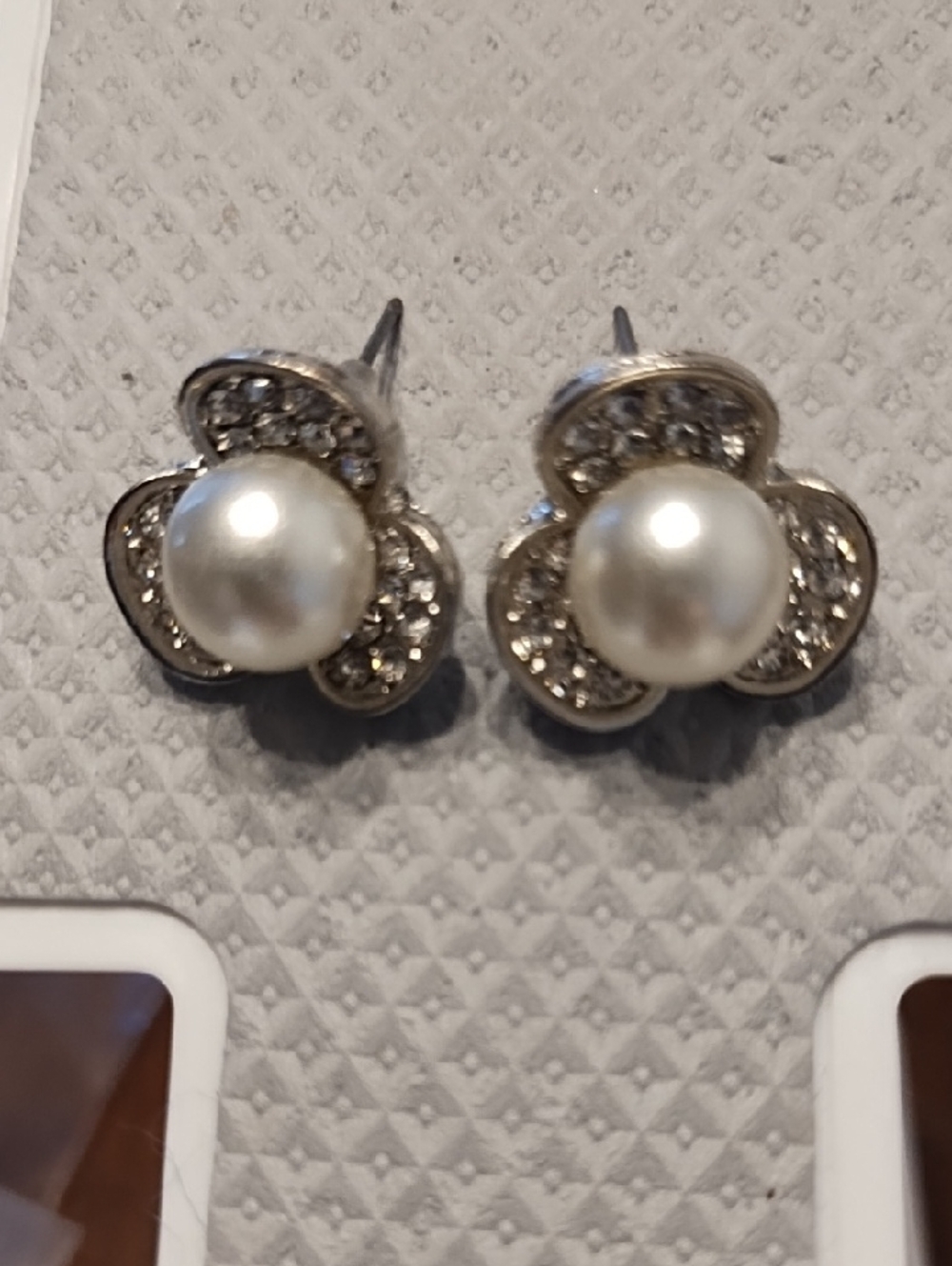 Pearl and Crystal Flower Stud Earrings - Silver Tone